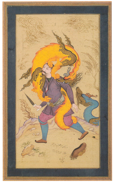 Combat contre le dragon, par Moʿin Mosavver, œuvre destinée à un album (moraqqa'), 1676. 