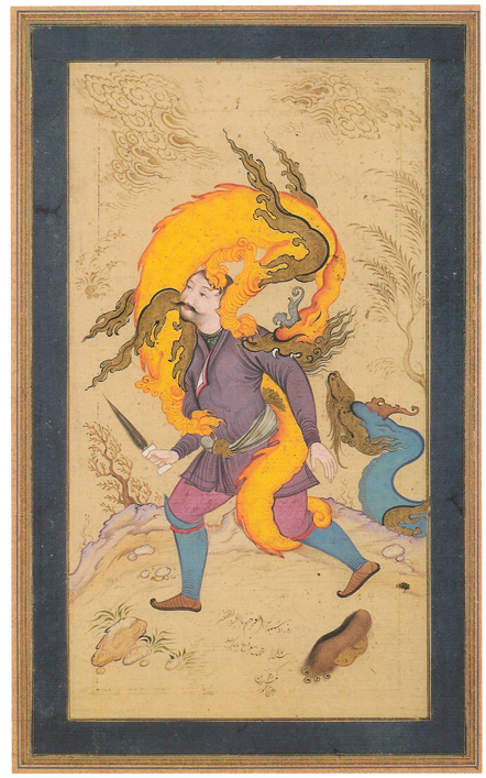 Combat contre le dragon, par Moʿin Mosavver, œuvre destinée à un album (moraqqa'), 1676.