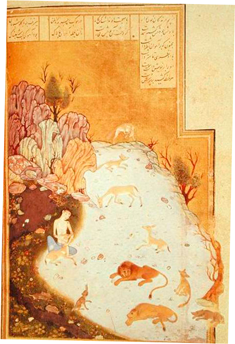 Majnoun dans le désert avec les animaux, page du Khamseh de Nezâmi, Hérat, 1490.