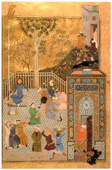 Réception à la cour du Caire, page du Boustan de Sa'di, Behzâd, Hérat, 1488. Bibliothèque nationale du Caire.
