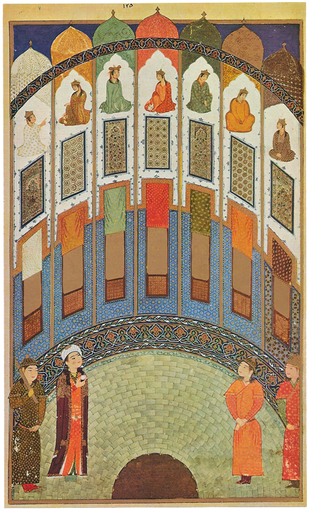 Bahrâm Gour dans la chambre aux sept portraits, page du Khamseh de Nezâmi, 1410.